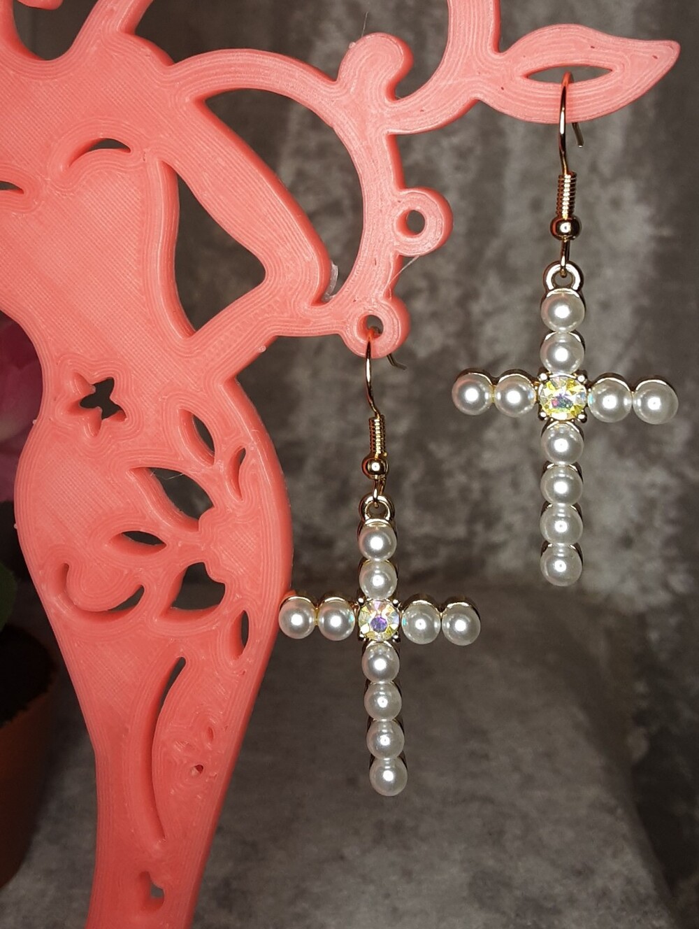 Handmade Pearl Cross Drop Earrings - White Faux Pearl Cross Earrings